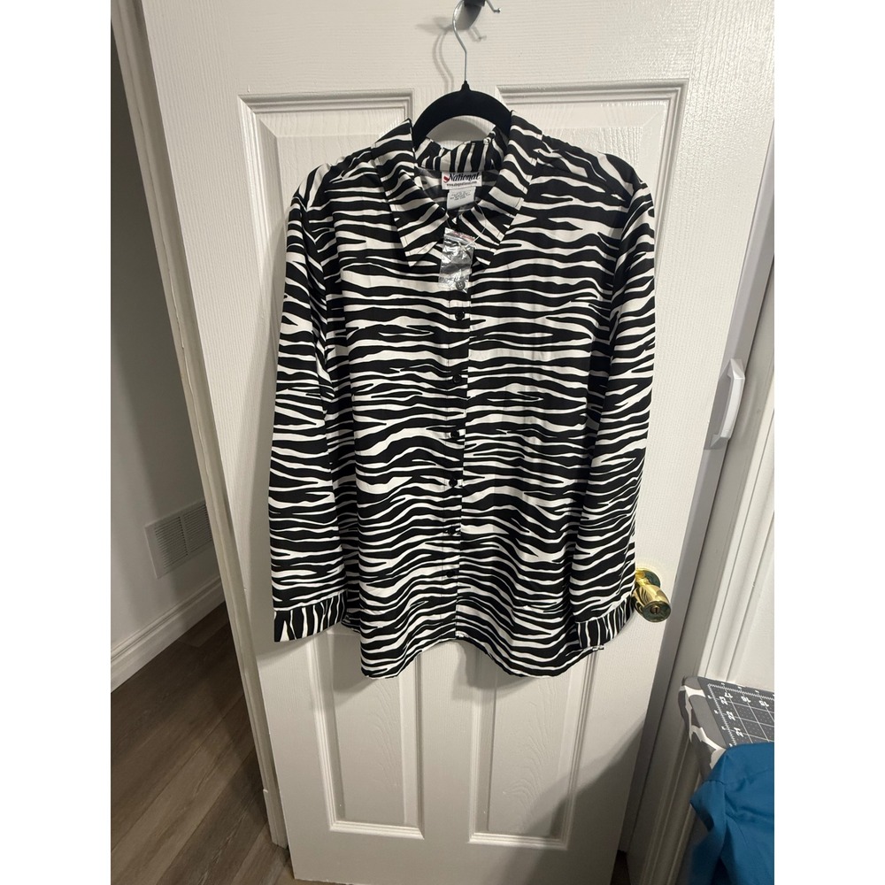 National Zebra Print Button Down Shirt Black White Animal Print Blouse Size 16